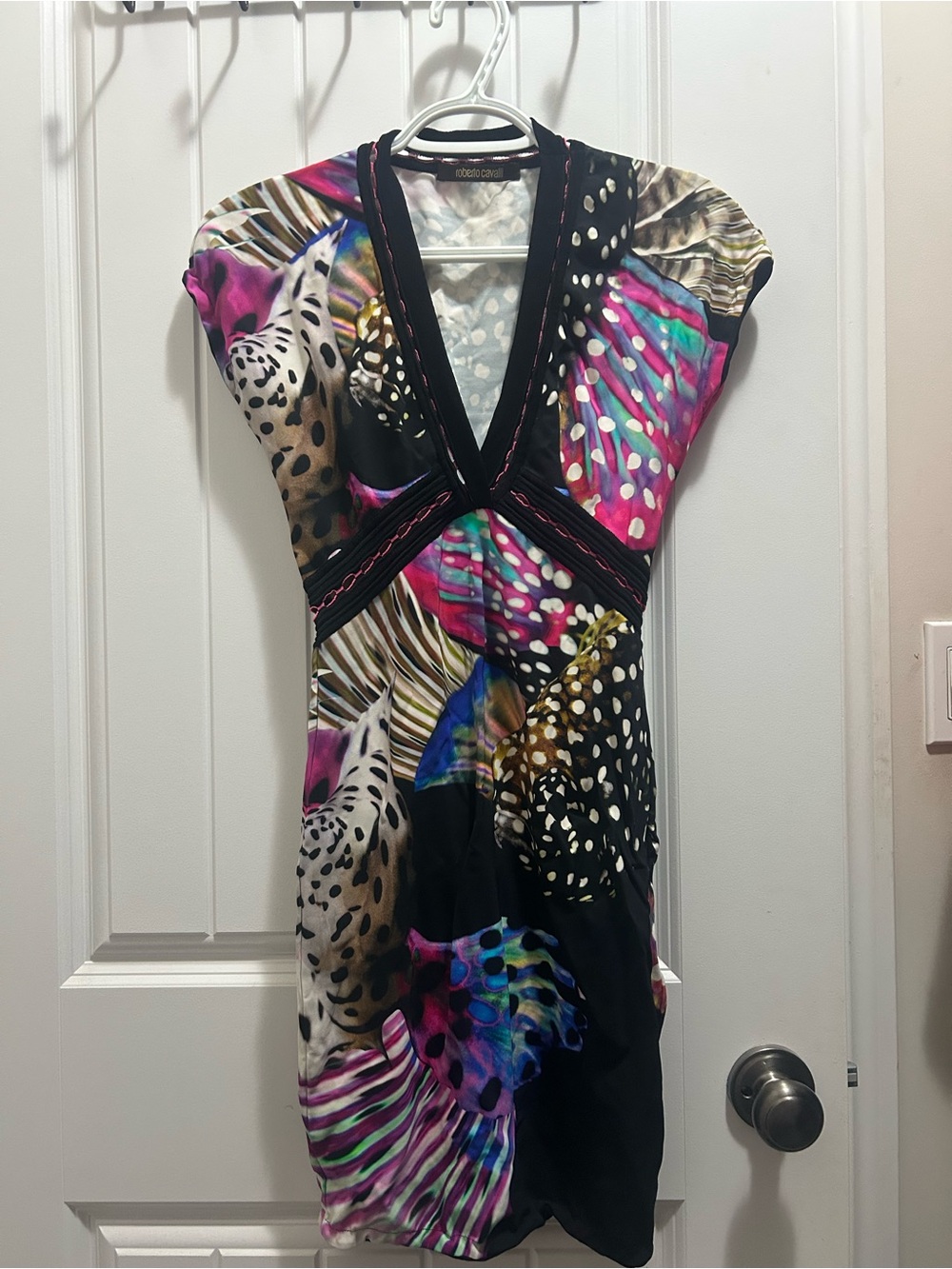 Roberto Cavalli Vintage Black Multicolor Abstract & Animal Print V-Neck Dress